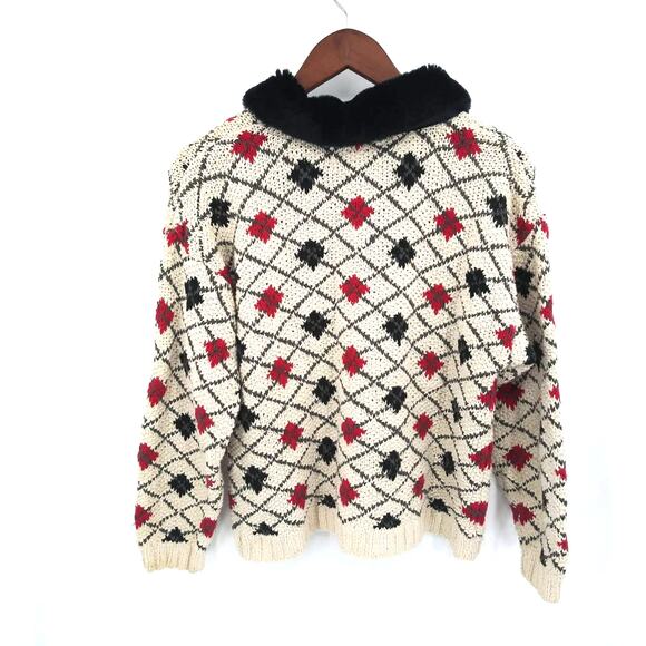 Elana Carello Cream Diamond Print Zip Front Faux Fur Collar Grandma Cardigan Med - Picture 2 of 9